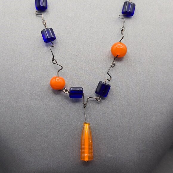 VTG Artisian Necklace Sterling Silver Cobalt Blue & Orange Beaded Necklace 16" - Picture 9 of 11
